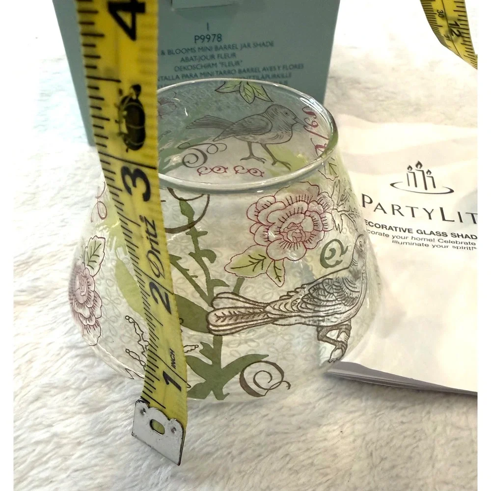 PartyLite Birds & Blooms Mini Barrel Jar Shade Clear Glass Floral P9978 Boxed - Picture 3 of 4